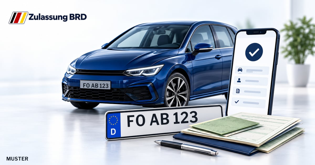 Online Fahrzeugzulassung in Forchheim: Musterkennzeichen FO AB 123, Auto und Fahrzeugpapiere und Smartphone. Illustration mit Logo von Zulassung BRD.